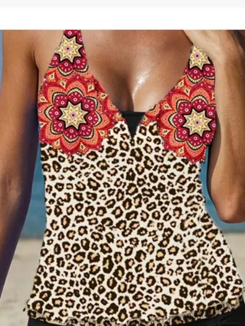 Leopard Floral Patchwork Tankini Top - Red & Leopard Print (TOP ONLY)